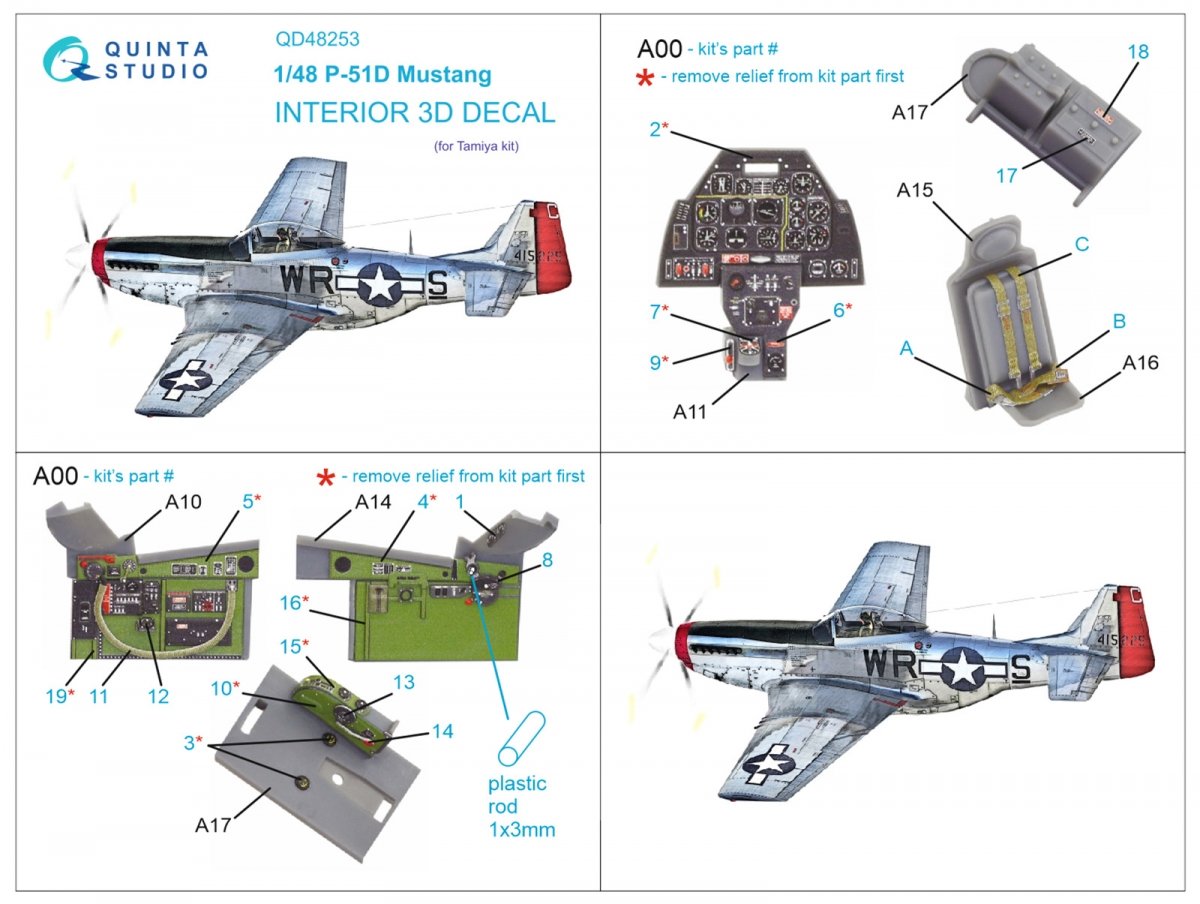 Quinta Studio QD48253 P-51D 3D-Printed &amp;amp; coloured Interior on decal paper ( Tamiya ) 1/48 – immagine 2