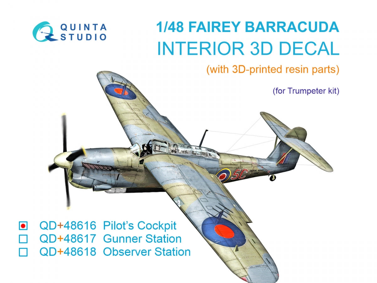 Quinta Studio QD+48616 Fairey Barracuda Pilot's Cockpit 3D-Printed & coloured Interior on decal paper (Trumpeter) (with 3D-printed resin parts) 1/48