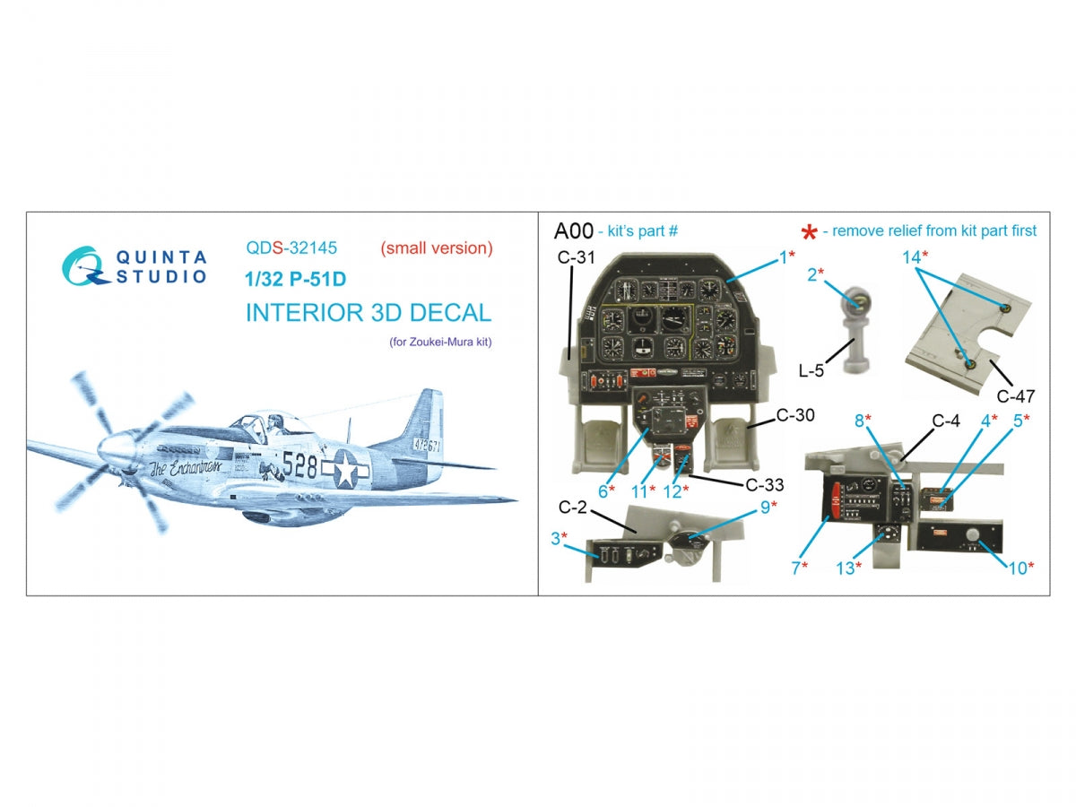 Quinta Studio QDS-32145 P-51D Mustang 3D-Printed &amp;amp; coloured Interior on decal paper (Zoukei-Mura SWS) (Small version) 1/32 – imagen 8