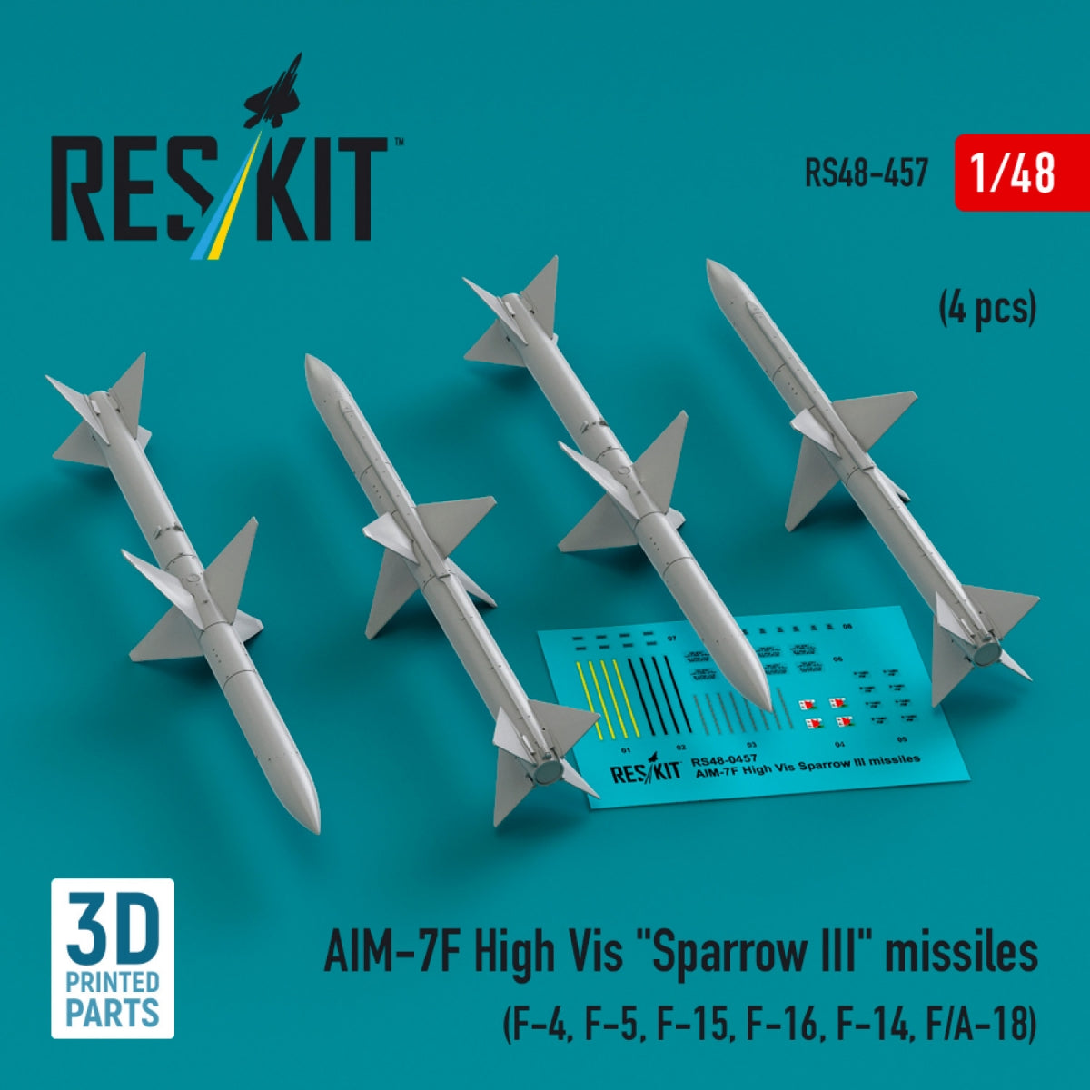 RESKIT RS48-0457 AIM-7F High Vis &amp;quot;Sparrow III&amp;quot; missiles (4 pcs) (3D Printed) 1/48