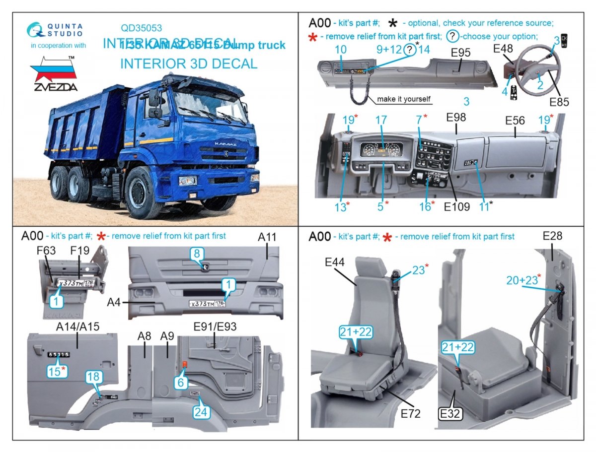 Quinta Studio QD35053 KAMAZ 65115 Dump truck 3D-Printed &amp;amp; coloured Interior on decal paper ( Zvezda ) 1/35 – Bild 2