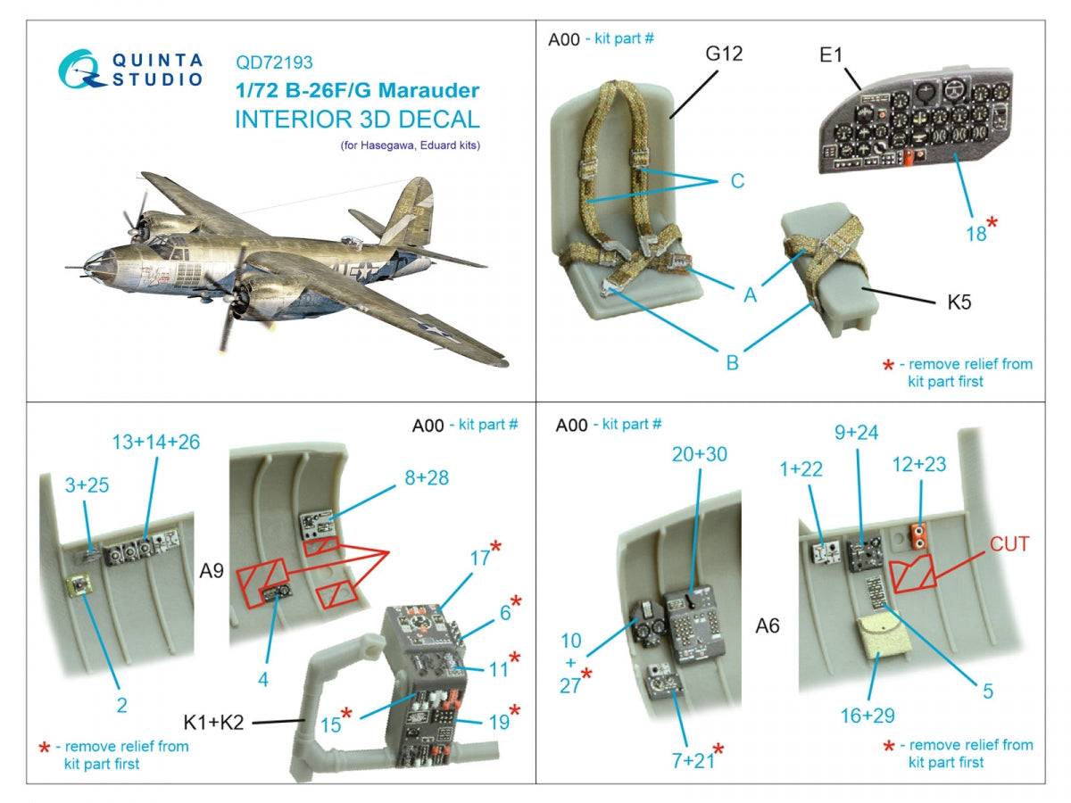 Quinta Studio QD72193 B-26F/G Marauder 3D-Printed coloured Interior on decal paper (Hasegawa) 1/72 – imagen 2