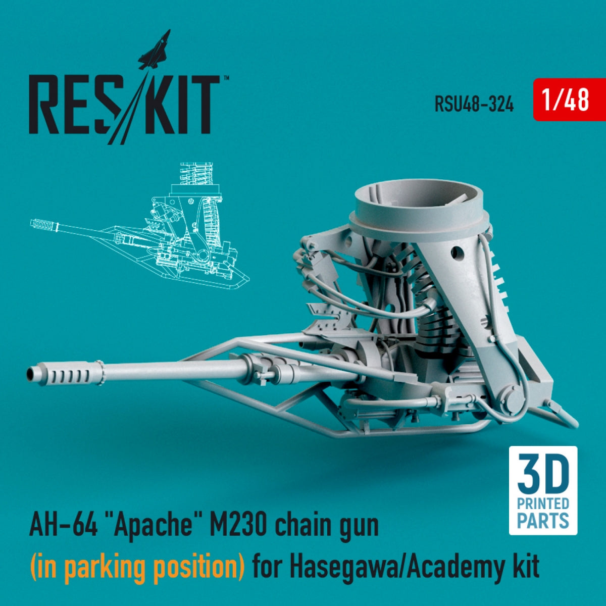 RESKIT RSU48-0324 AH-64 "APACHE" M230 CHAIN GUN (IN PARKING POSITION) FOR HASEGAWA/ACADEMY KIT (3D PRINTED) 1/48
