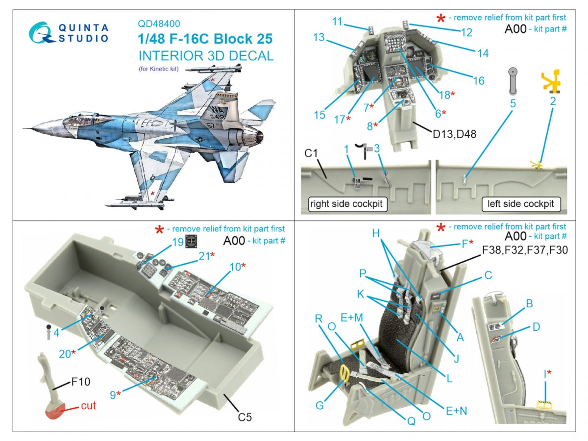 Intérieur imprimé en 3D et coloré sur papier décalcomanie pour le F-16C Block 25 de Quinta Studio QD48400 (outillage Kinetic 2022), échelle 1/48 – image 2