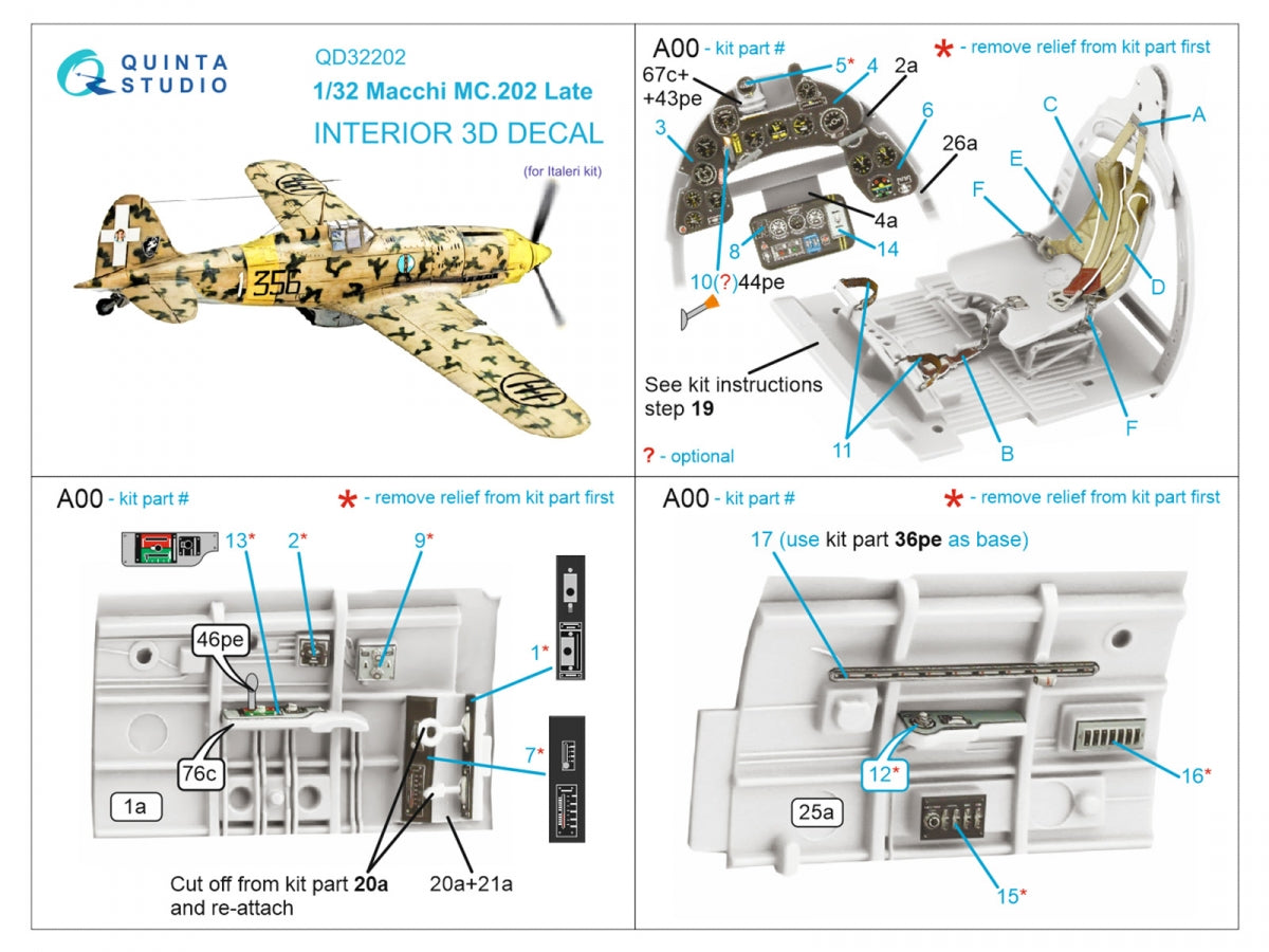 Quinta Studio QD32202 Macchi MC.202 Folgore Late 3D-Printed &amp;amp; coloured Interior on decal paper (Italeri) 1/32 – zdjęcie 2