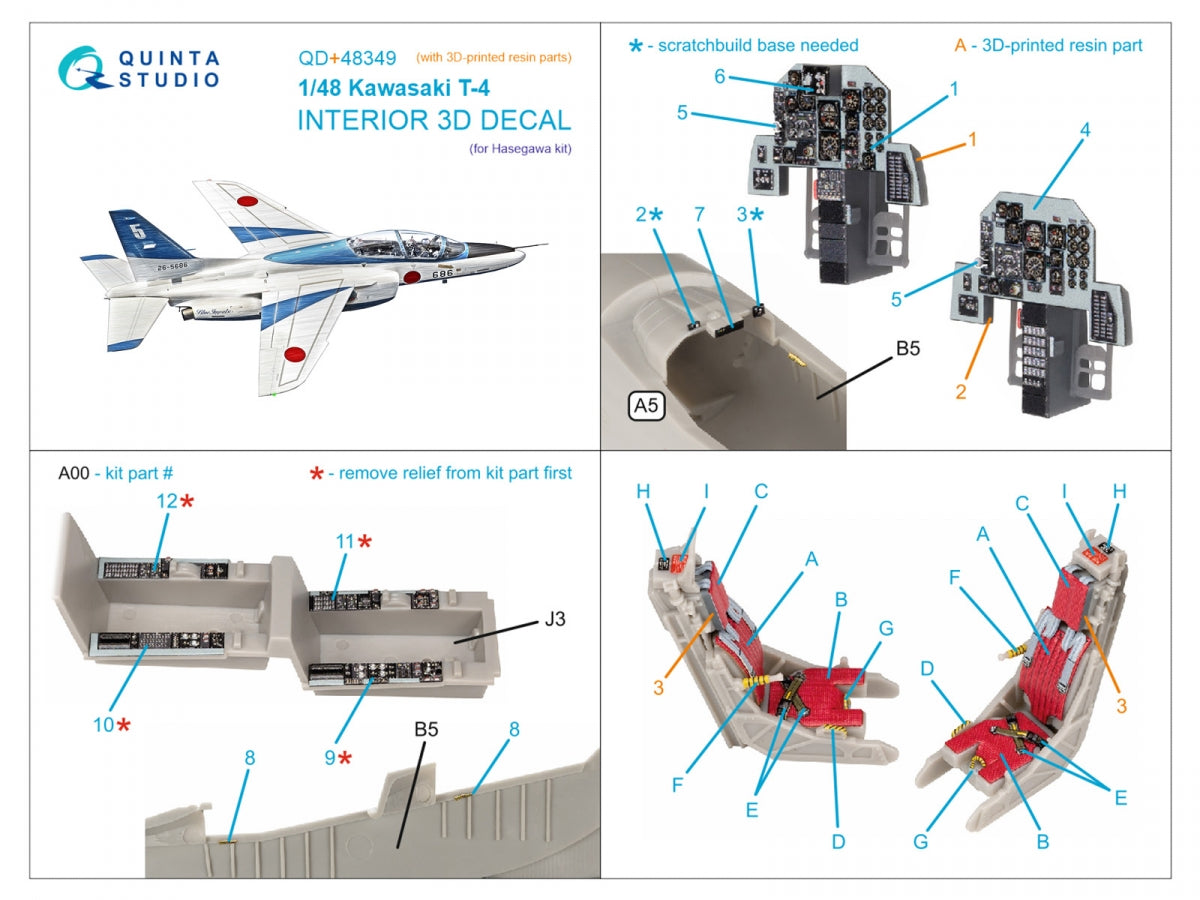 Quinta Studio QD+48349 Kawasaki T-4 3D-Printed &amp;amp; colored Interior on decal paper (Hasegawa) (with 3D-printed resin parts) 1/48 – image 2