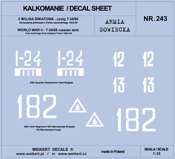 Weikert Decals DEC243 Soviet Army - T-34/85 TANK - Eastern Front 1943-45 - vol.2 1/35