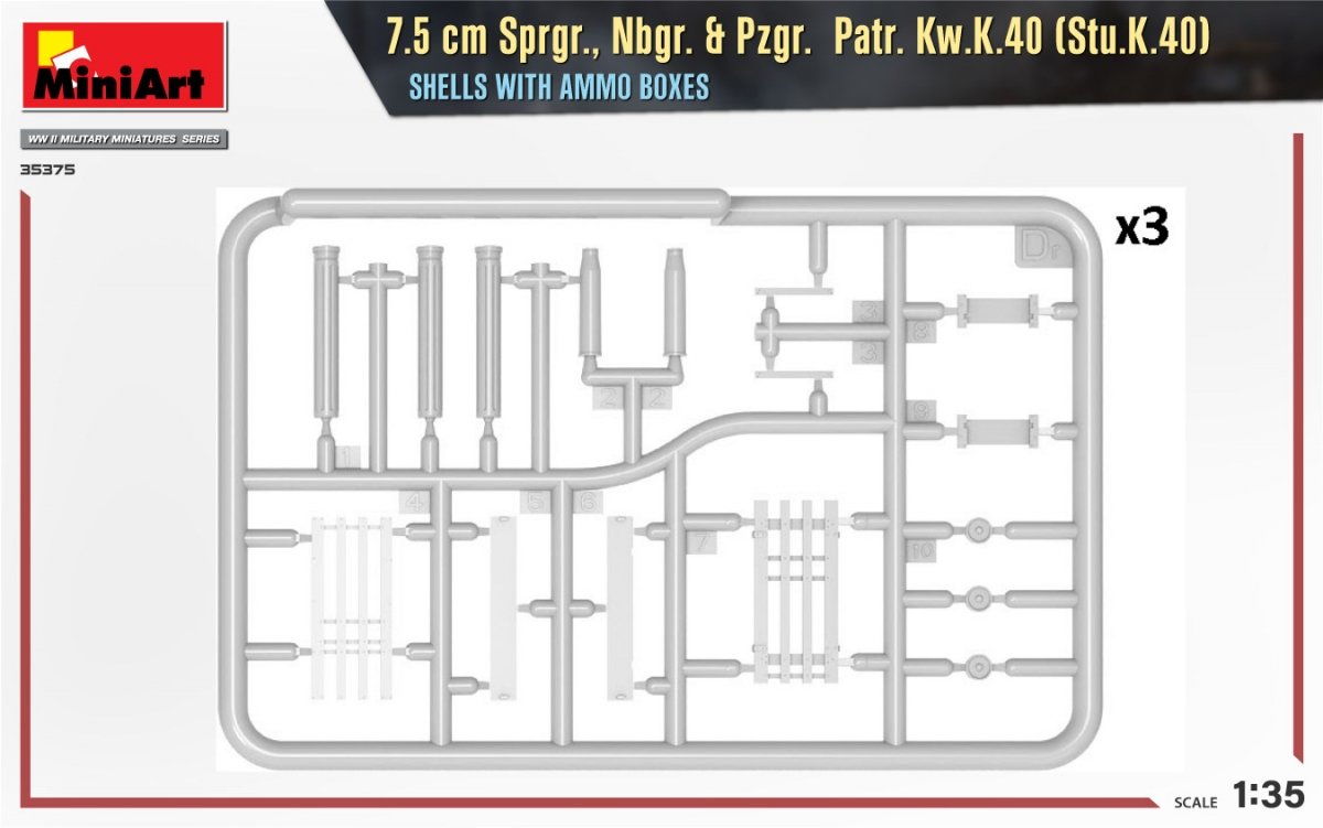 MiniArt 35375 Obus de 7,5 cm Sprgr., Nbgr. et Pzgr. Voir Kw.K.40 (Stu.K.40) avec boîtes de munitions 1/35 – image 3