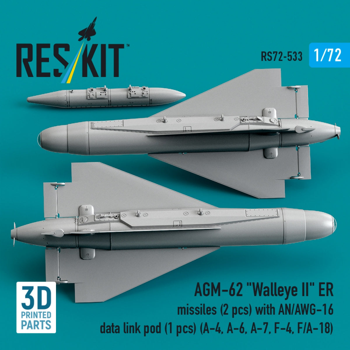 RESKIT RS72-0533 AGM-62 "Walleye II" ER missiles (2 pcs) with AN/AWG-16 data link pod (1 pcs) (A-4, A-6, A-7, F-4, F/A-18) (3D Printed) 1/72