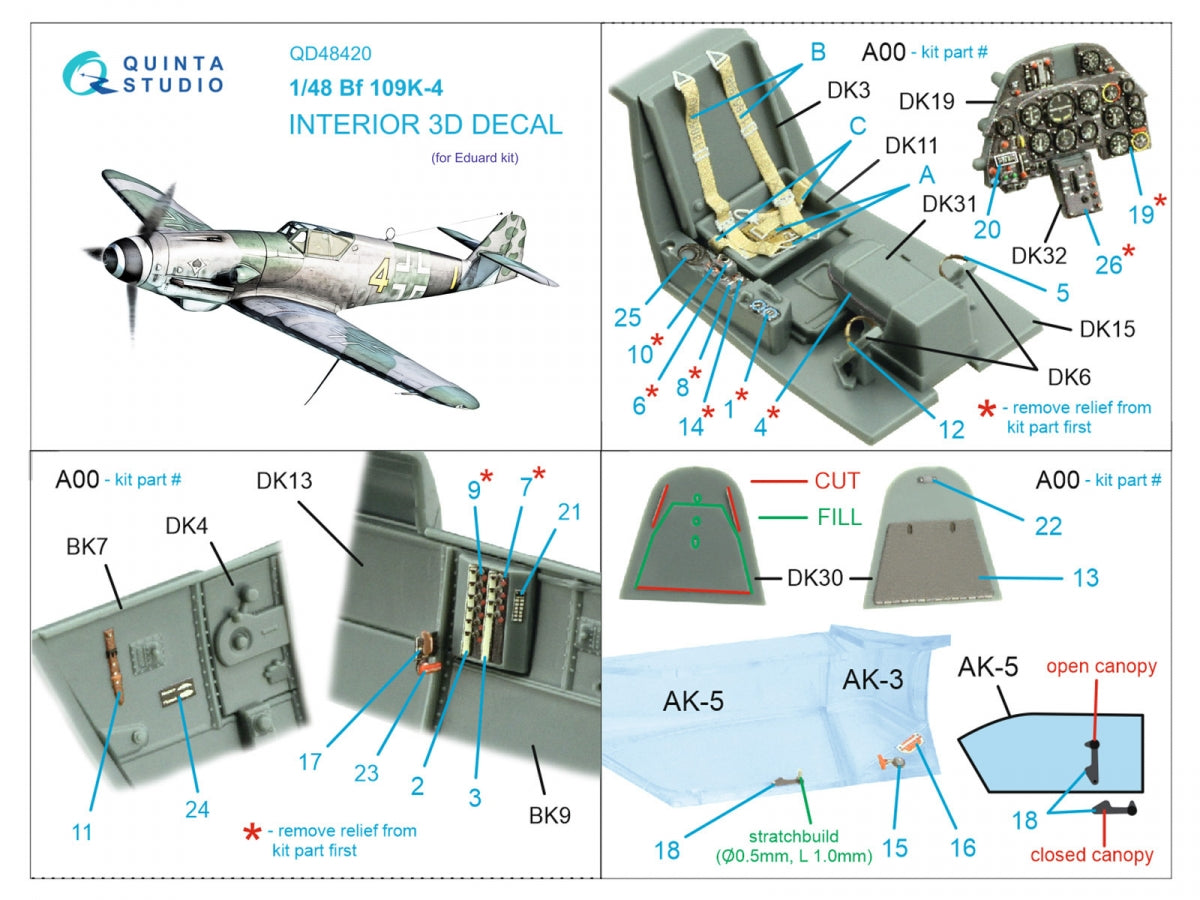 Quinta Studio QD48420 Bf 109K-4 3D-Printed &amp;amp; coloured Interior on decal paper (Eduard) 1/48 – immagine 2