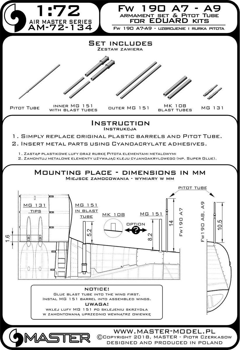 Master AM-72-134 Fw 190 A7 - A9 armament set (MG 131 tips, MG 151 barrels, MK 108 MG covers) and pitot tube (for Eduard models) (1/72) – image 3