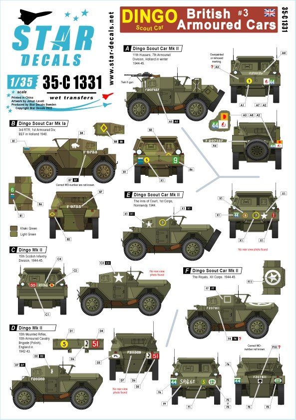Star Decals 35-C1331 British Armored Cars #3. Dingo Scout Car. From BEF to VE-Day. 1/35