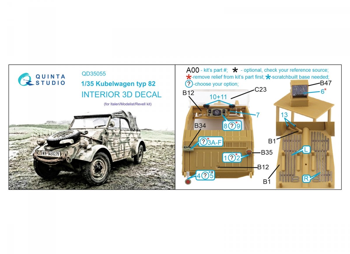 Quinta Studio QD35055 Kubelwagen typ 82 3D-Printed &amp;amp; coloured Interior on decal paper ( Italeri ) 1/35 – Bild 2