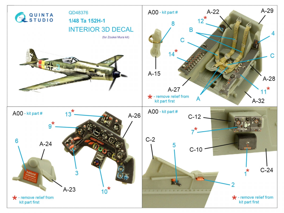 Quinta Studio QD48376 Ta 152H 3D-Printed &amp;amp; coloured Interior on decal paper (Zoukei Mura) 1/48 – immagine 2