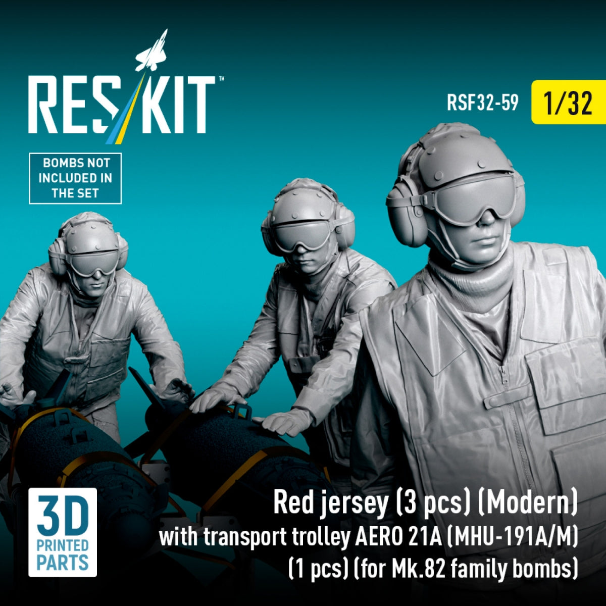 RESKIT RSF32-0059 Red jersey (3 pcs) (Modern) with transport trolley AERO 21A (MHU-191A/M) (1 pcs) (for Mk.82 family bombs) (3D Printed) 1/32