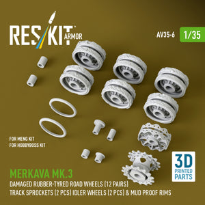 RESKIT AV35-0006 Merkava Mk.3 damaged rubber-tyred road wheels (12 pairs), track sprockets (2 pcs), idler wheels (2 pcs) &amp; mud proof rims for Meng/HobbyBoss kit (3D Printed) 1/35
