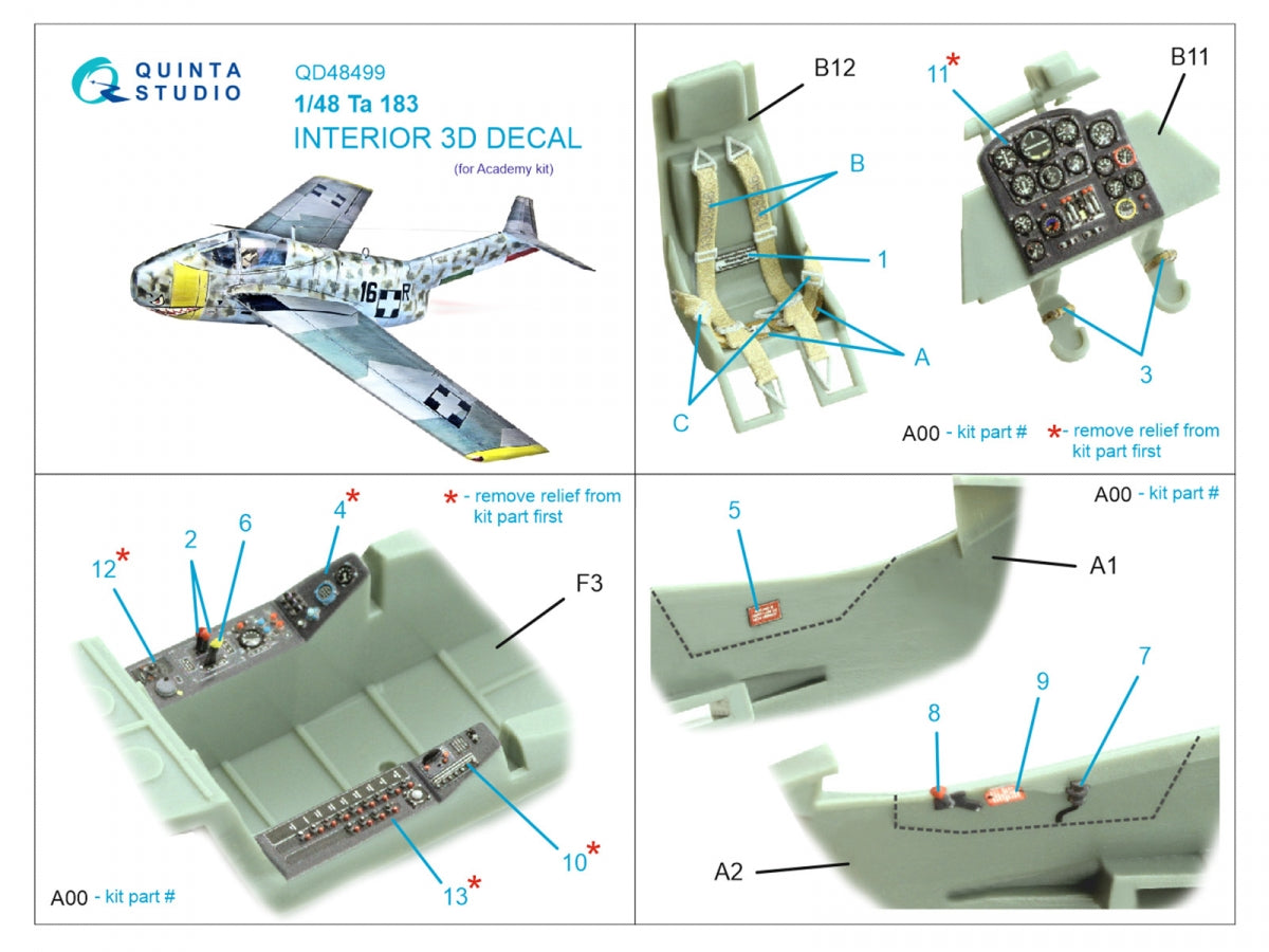 Quinta Studio QD48499 Ta 183 3D-Printed &amp;amp; coloured Interior on decal paper (Academy) 1/48 – Bild 2