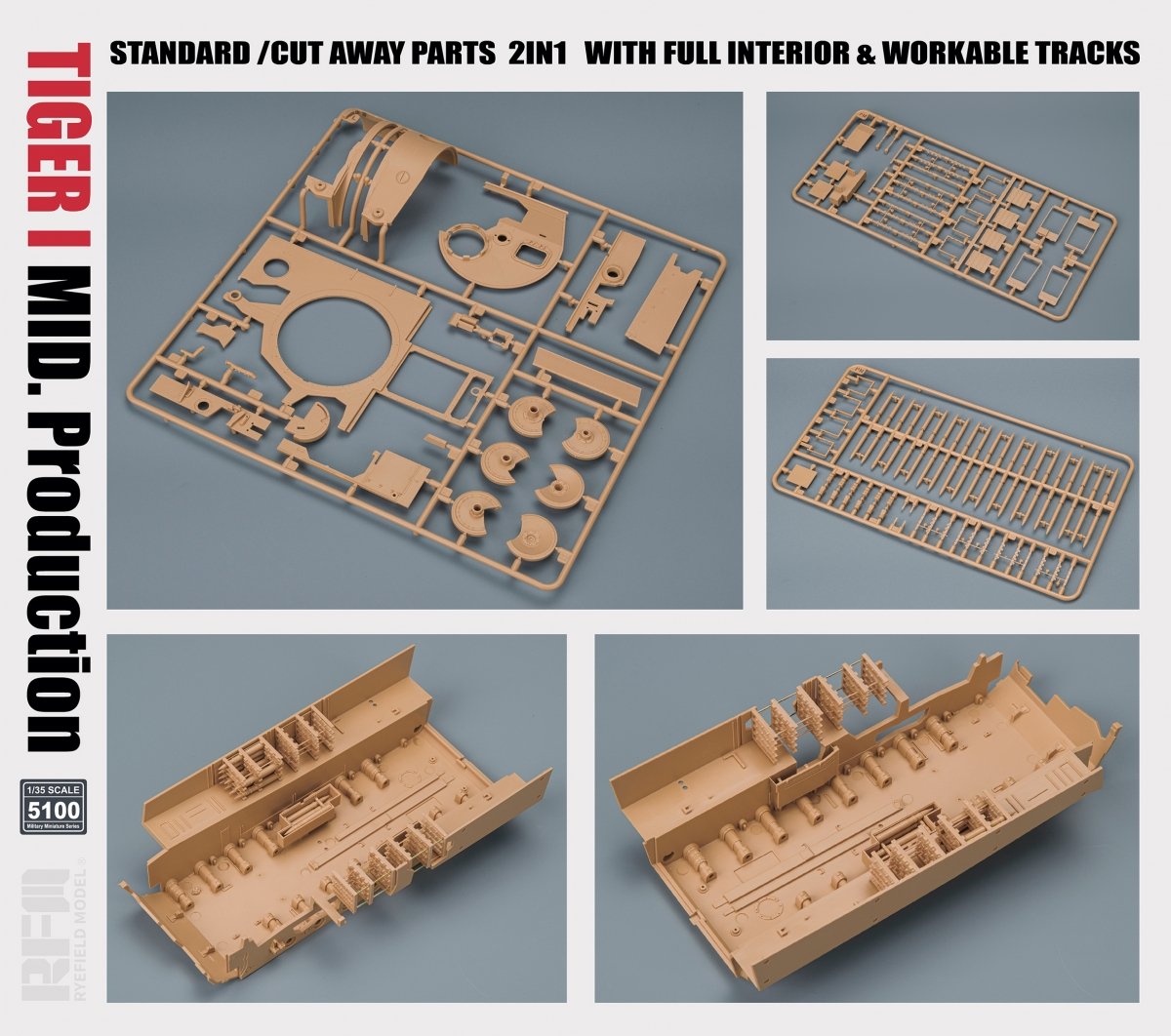 Rye Field Model 5100 TIGER I MID.Production STANDARD/CUT AWAY PARTS 2 IN 1 WITH FULL INTERIOR&amp;amp;WORKABLE TRACKS 1/35 – imagen 4
