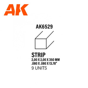 AK Interactive AK6529 STRIPS 2.00 X 2.00 X 350MM – STYRENE STRIP – (9 UNITS)
