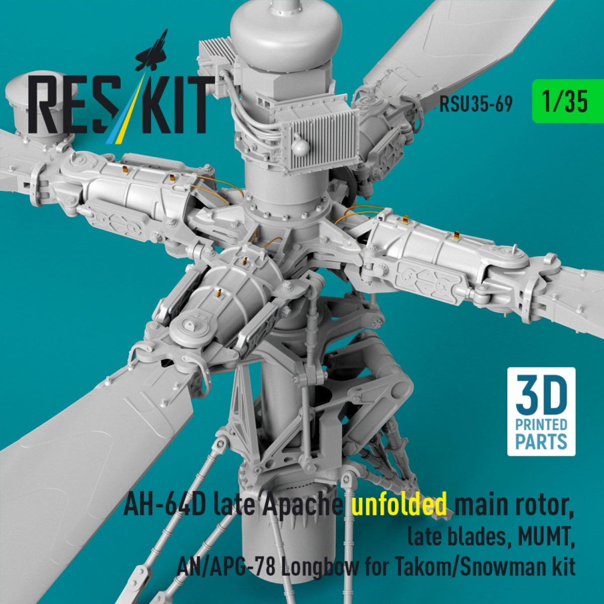 RESKIT RSU35-0069 AH-64D late Apache unfolded main rotor, late blades, MUMT, AN/APG-78 Longbow for Takom/Snowman kit (3D Printed) 1/35