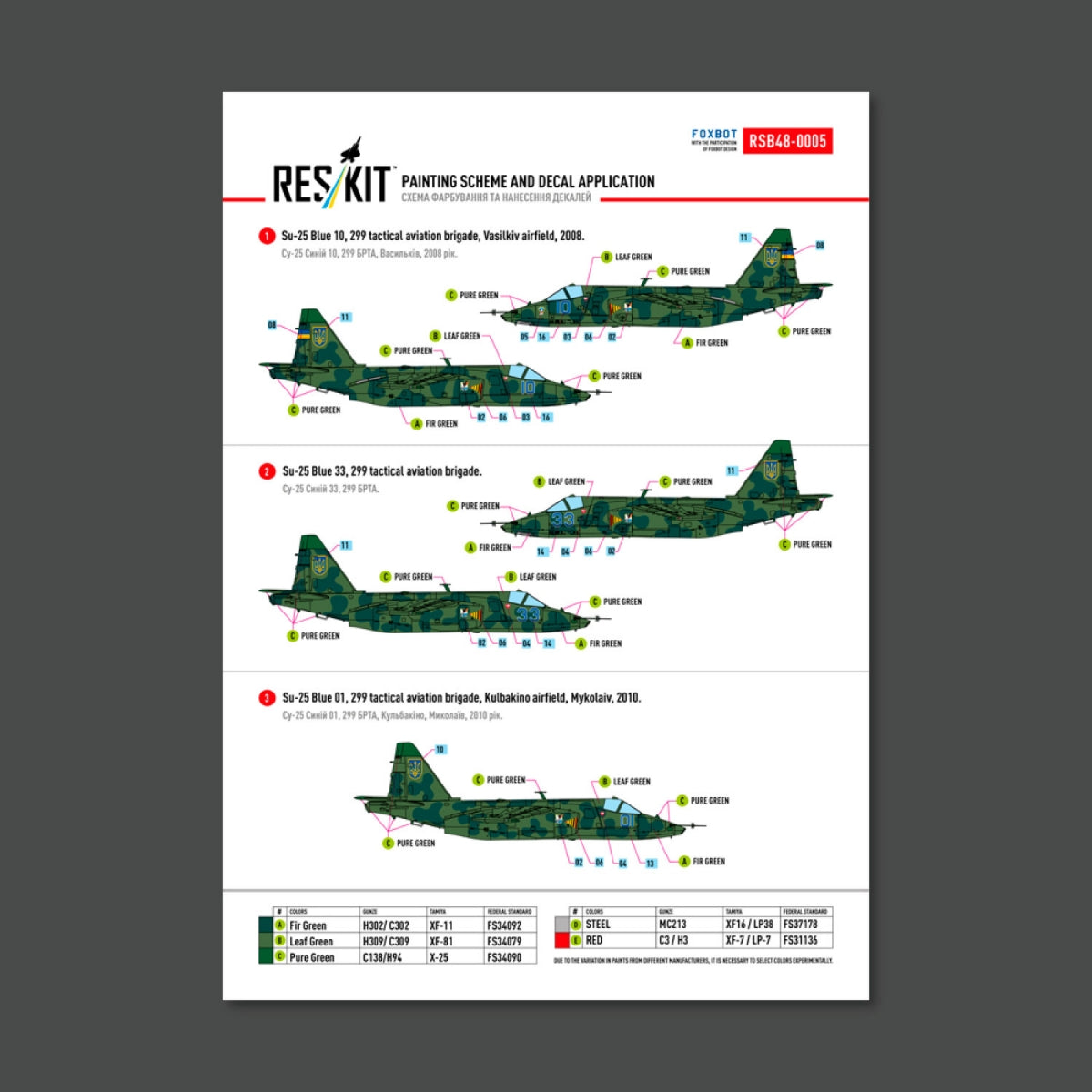 RESKIT RSB48-0005 Su-25 Frogfoot Clover (BLUE 01, 04, 10, 22, 33) Ukrainian Air Forces (Main Decals with Stencils)1/48
