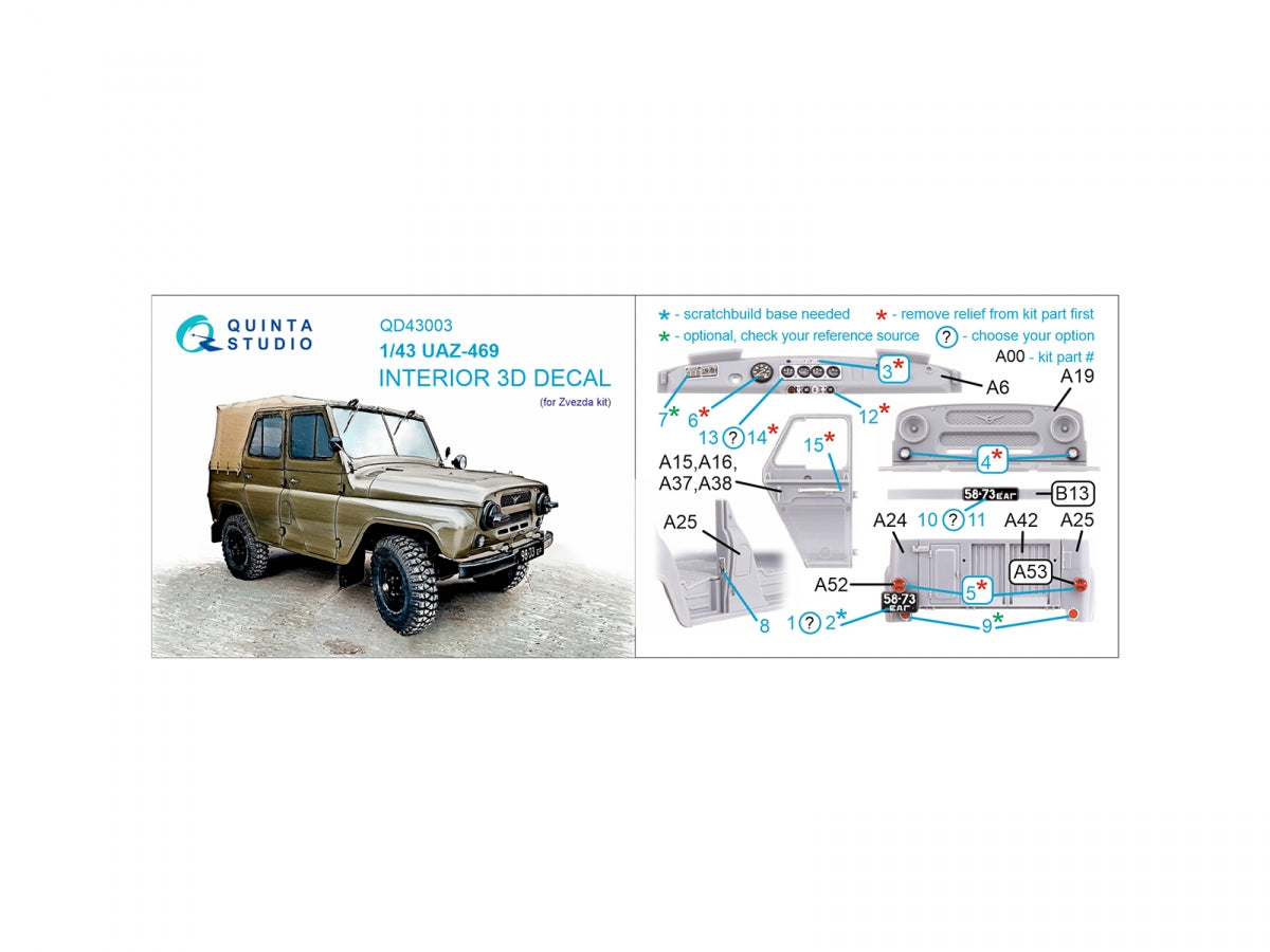Quinta Studio QD43003 UAZ-469 3D-Printed &amp;amp; coloured Interior on decal paper (Zvezda) 1/43 – imagen 12