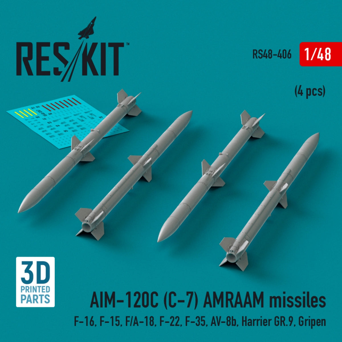 RESKIT RS48-0406 Missiles AIM-120C (C-7) AMRAAM (4 pièces) (Impression 3D) 1/48