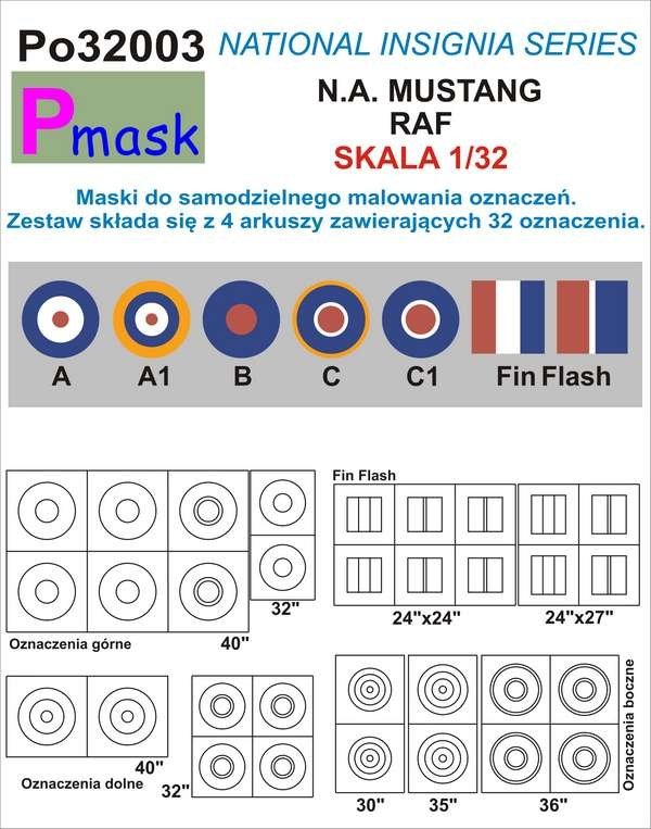 Masques P-Mask PO32003 pour peindre des marquages ​​sur Mustang RAF (1/32)