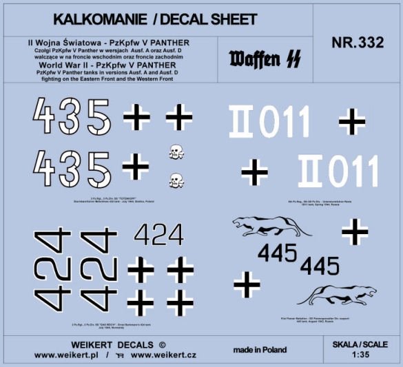 Weikert Decals DEC332 PzKpfw V Panther - Ausf. A and Ausf. D tanks - Eastern and Western Fronts 1/35