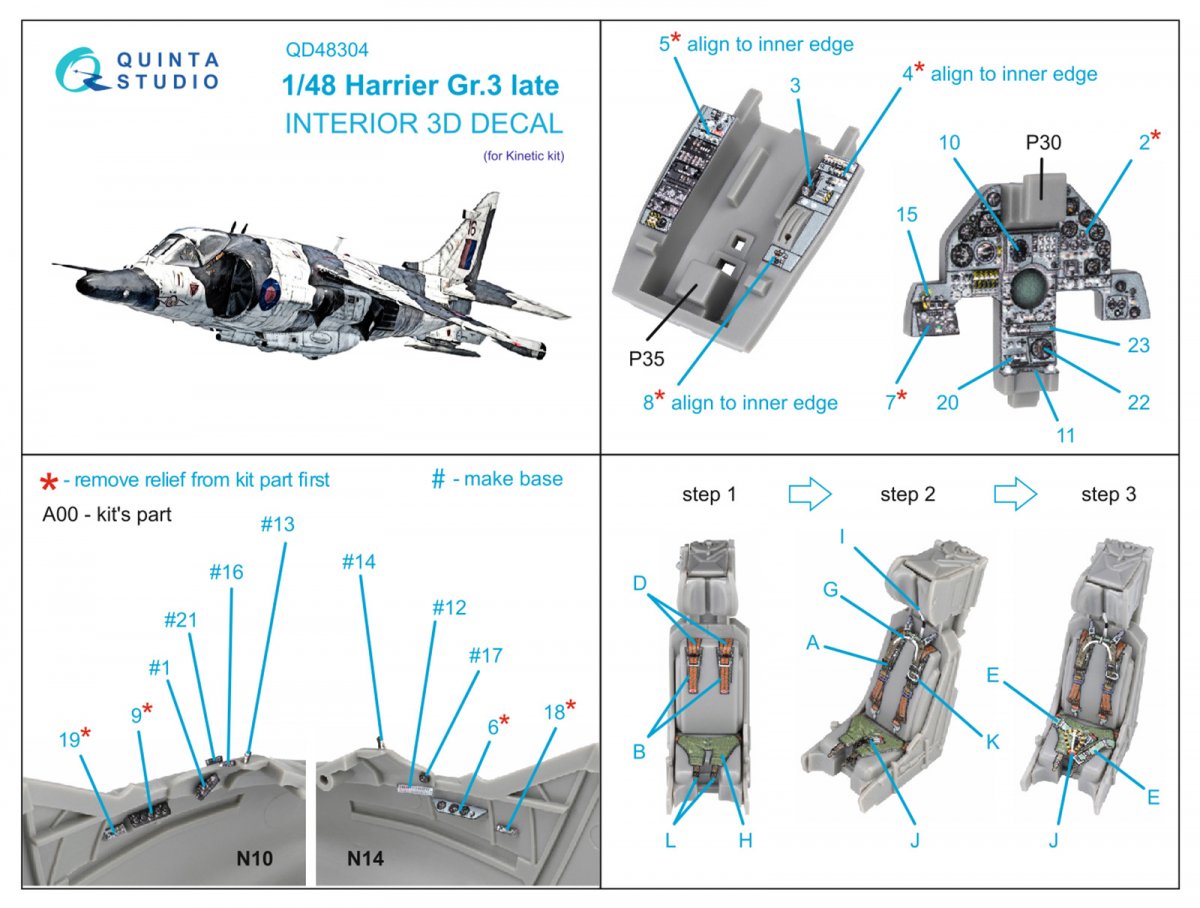 Quinta Studio QD48304 Harrier Gr.3 late 3D-Printed &amp;amp; coloured Interior on decal paper (Kinetic) 1/48 – imagen 9