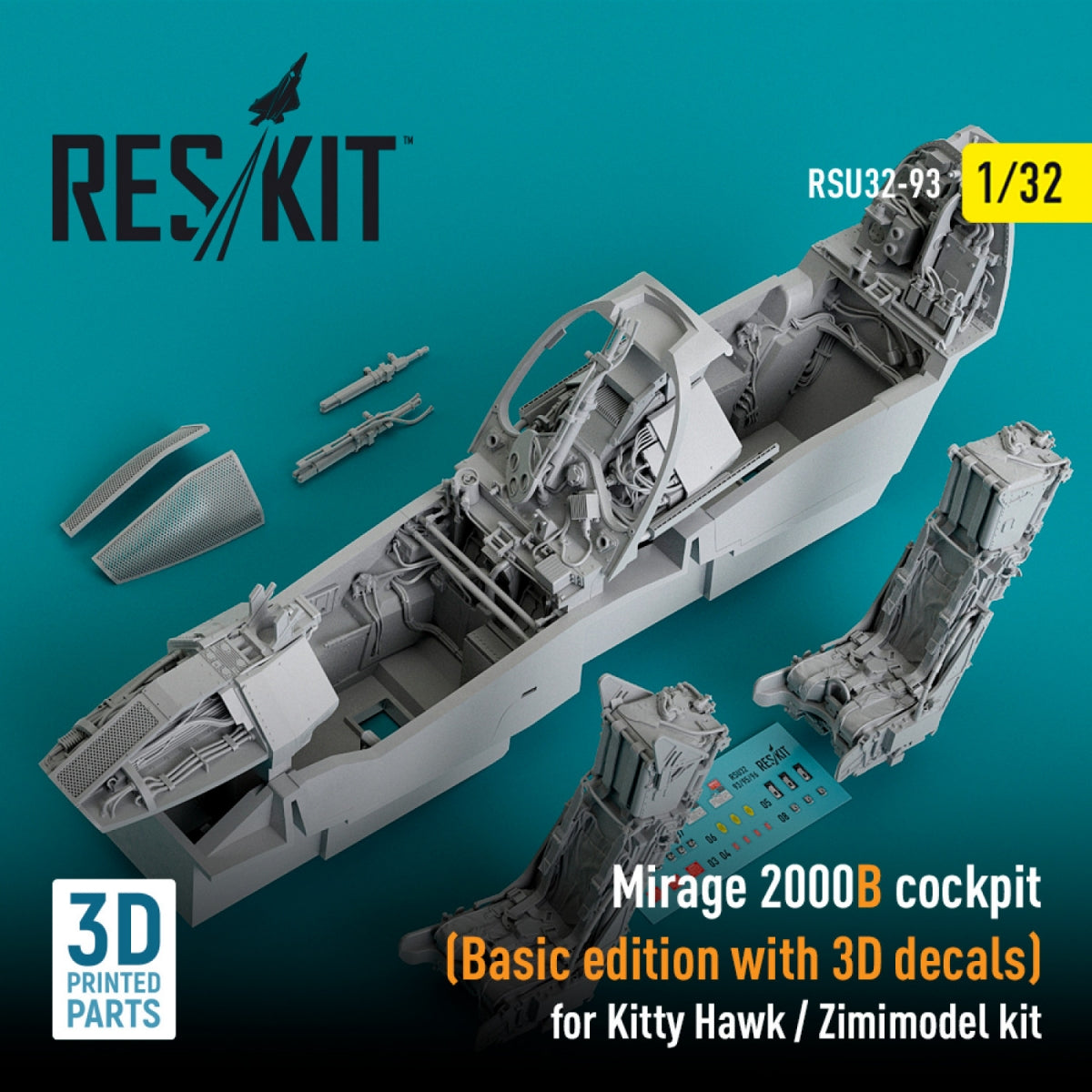 RESKIT RSU32-0093 COCKPIT MIRAGE 2000B (ÉDITION DE BASE AVEC DÉCALCOMANIES 3D) POUR MAQUETTE KITTY HAWK / ZIMIMODEL (IMPRIMÉE EN 3D) 1/32