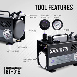 Gaahleri 43127 Dual Drive Series Airbrush Kit Compressor GT-918 – zdjęcie 8
