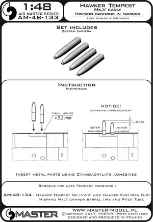 Master AM-48-133 Hawker Tempest Mk.V wczesna wersja - lufy działek Hispano 20mm w osłonach (4 szt.) 1/48 – imagen 3