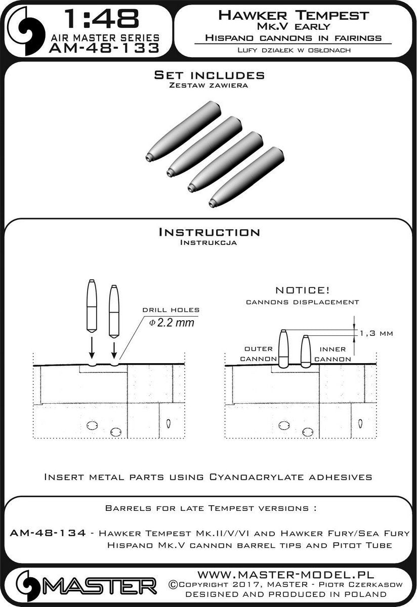 Master AM-48-133 Hawker Tempest Mk.V wczesna wersja - lufy działek Hispano 20mm w osłonach (4 szt.) 1/48 – imagen 3