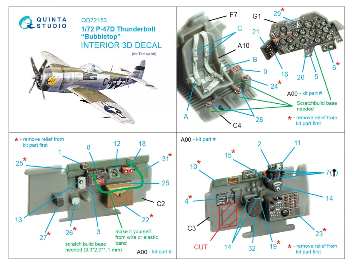 Quinta Studio QD72153 P-47D Thunderbolt Bubbletop 3D-Printed coloured Interior on decal paper (Tamiya) 1/72 – immagine 2