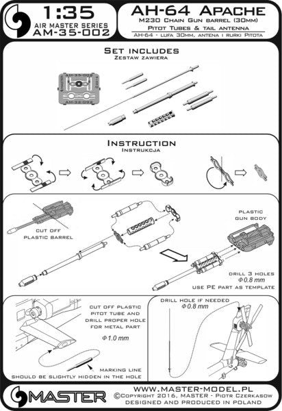 Master AM-35-002 AH-64 Apache - Canon mitrailleur M230 (30 mm), tubes Pitot et antenne de queue (résine, photodécoupe et pièces tournées) 1/35 – image 6