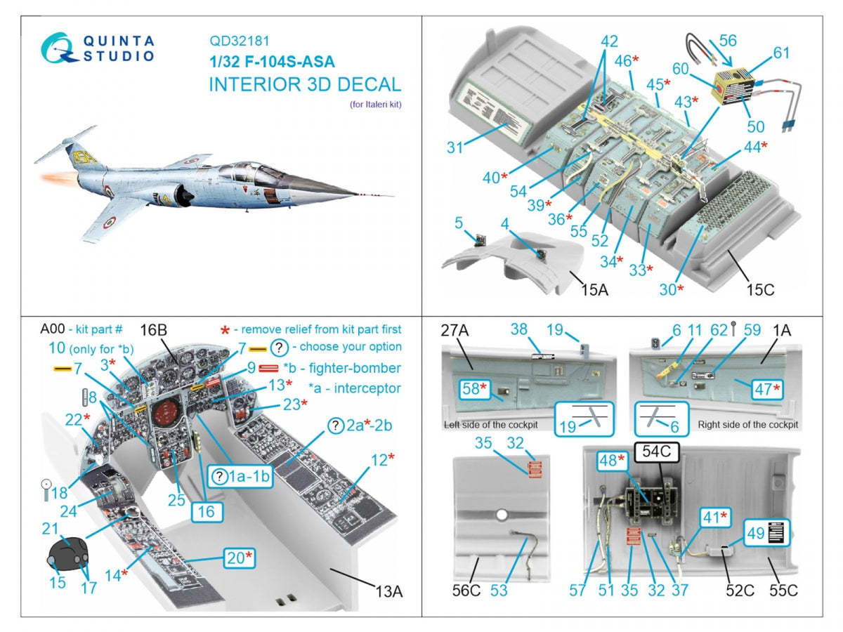 Quinta Studio QD32181 F-104S-ASA 3D-Printed coloured Interior on decal paper (Italeri) 1/32 – Bild 7