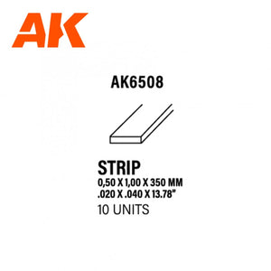 AK Interactive AK6508 STRIPS 0.50 X 1.00 X 350MM – STYRENE STRIP – (10 UNITS)