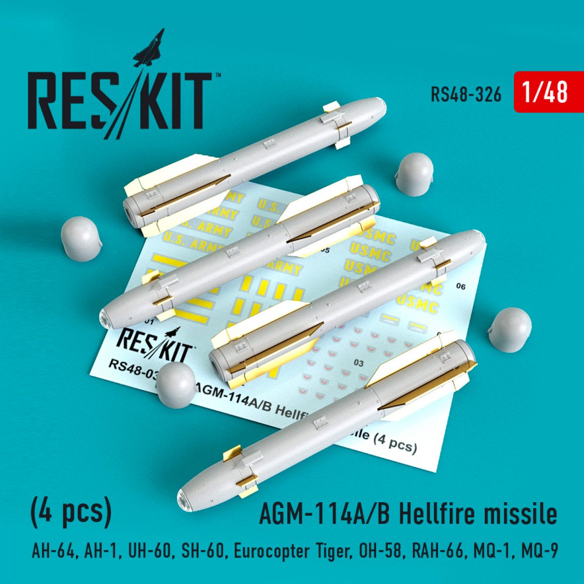 RESKIT RS48-0326 AGM-114A/B HELLFIRE MISSILES (4 PCS) 1/48
