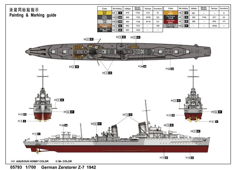 Trumpeter 05793 German Zerstorser Z-7 1942 1/700 – imagen 2