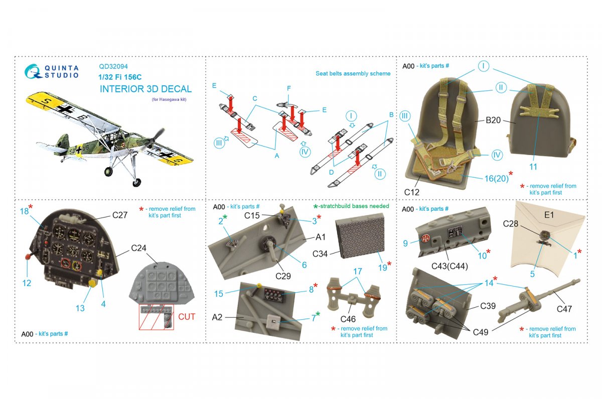Quinta Studio QD32094 Fi 156C 3D-Printed &amp;amp; coloured Interior on decal paper (Hasegawa) 1/32 – imagen 5