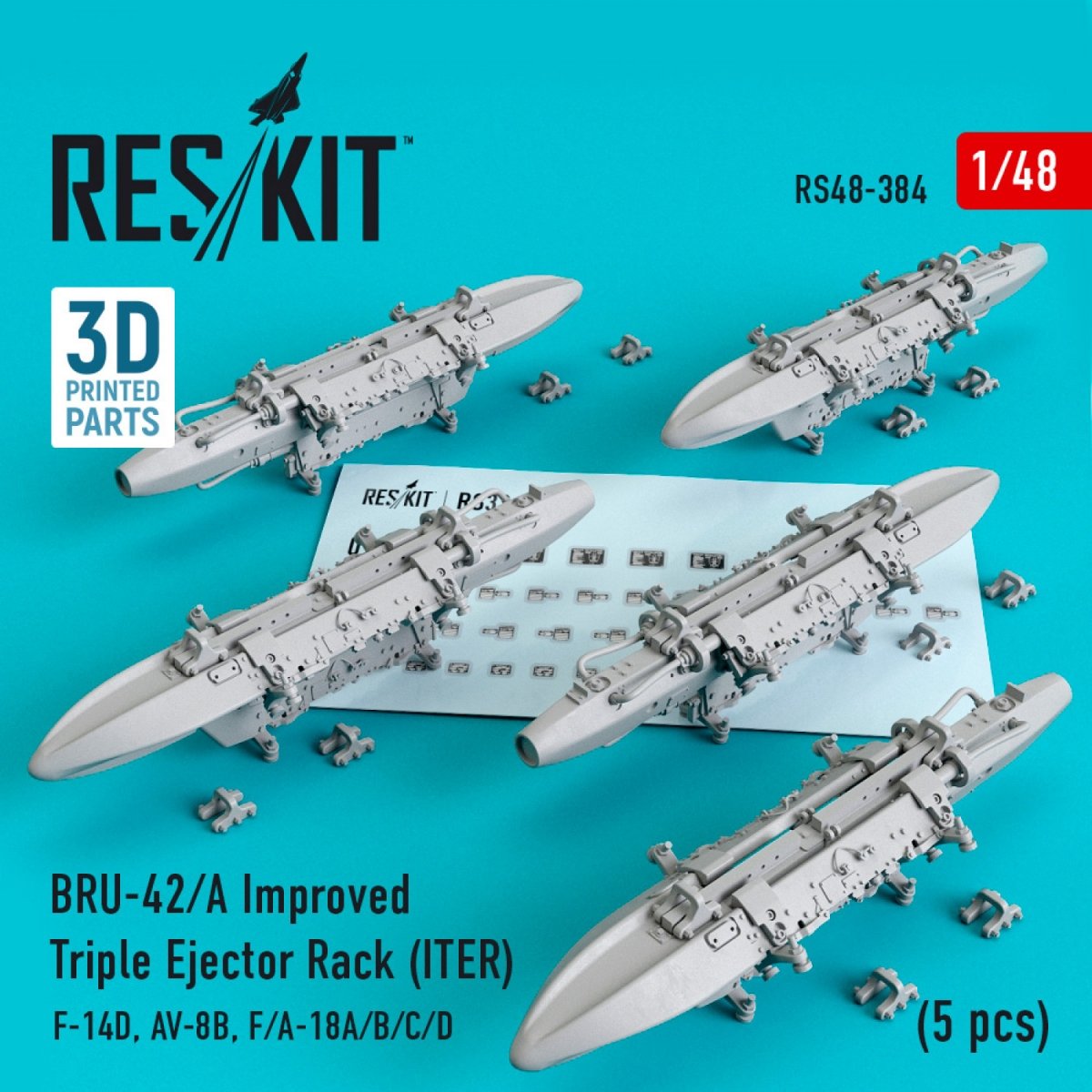 RESKIT RS48-0384 BRU-42/A RACK D&amp;#39;ÉJECTEUR TRIPLE AMÉLIORÉ (ITER) (5 PIÈCES) 1/48