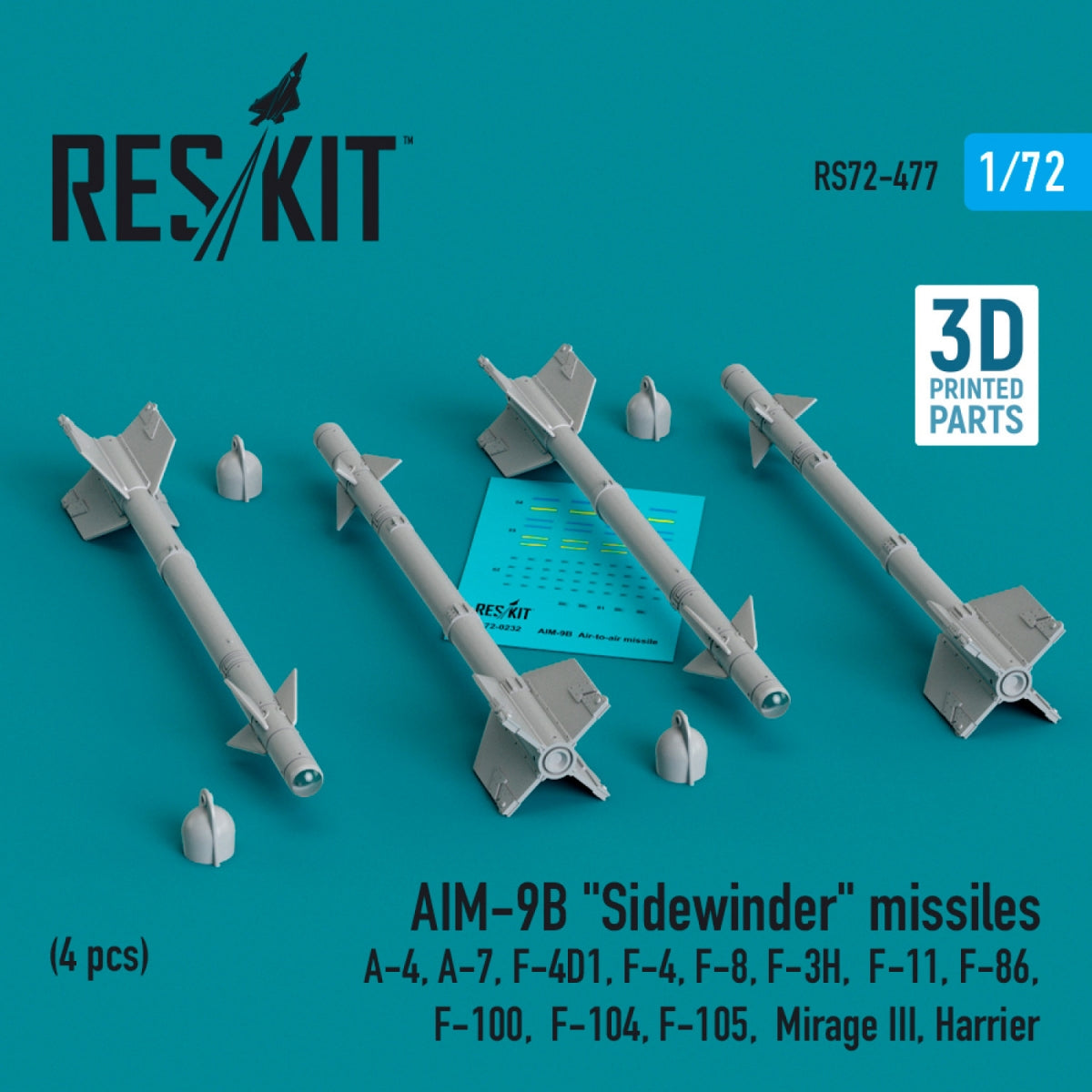 RESKIT RS72-0477 AIM-9B &amp;quot;Sidewinder&amp;quot; missiles (4 pcs) (3D Printed) 1/72