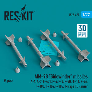 RESKIT RS72-0477 AIM-9B &amp;quot;Sidewinder&amp;quot; missiles (4 pcs) (3D Printed) 1/72