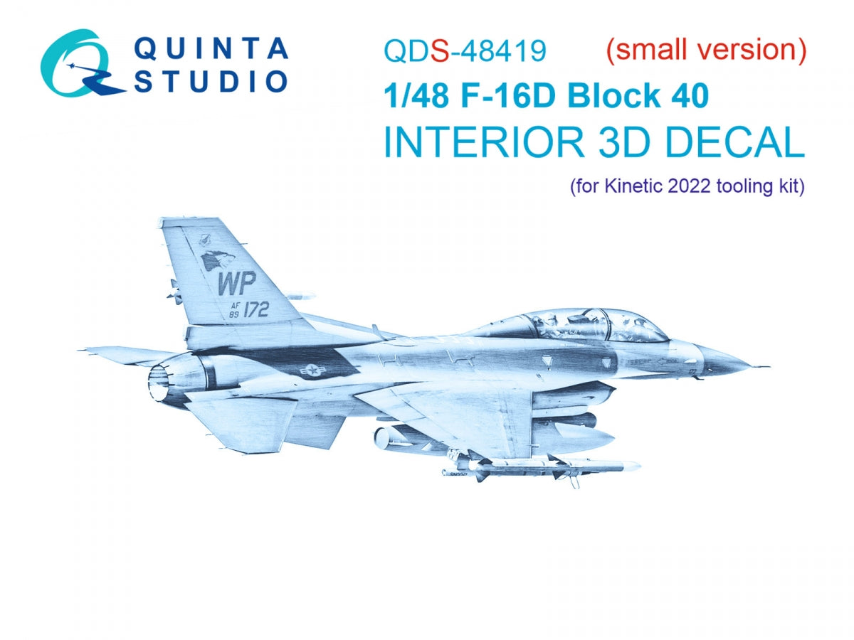 Quinta Studio QDS-48419 F-16D block 40 3D-Printed &amp; colored Interior on decal paper (Kinetic 2022 tool) (Small version) 1/48