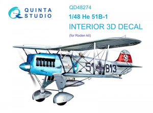 Quinta Studio QD48274 He 51B 3D-Printed &amp;amp; coloured Interior on decal paper (Roden) 1/48