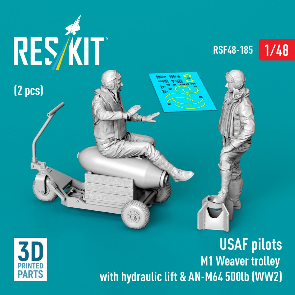 RESKIT RSF48-0185 USAF pilots (2 pcs) &amp; M1 Weaver trolley with hydraulic lift &amp; AN-M64 500lb (WW2) (3D Printed) 1/48
