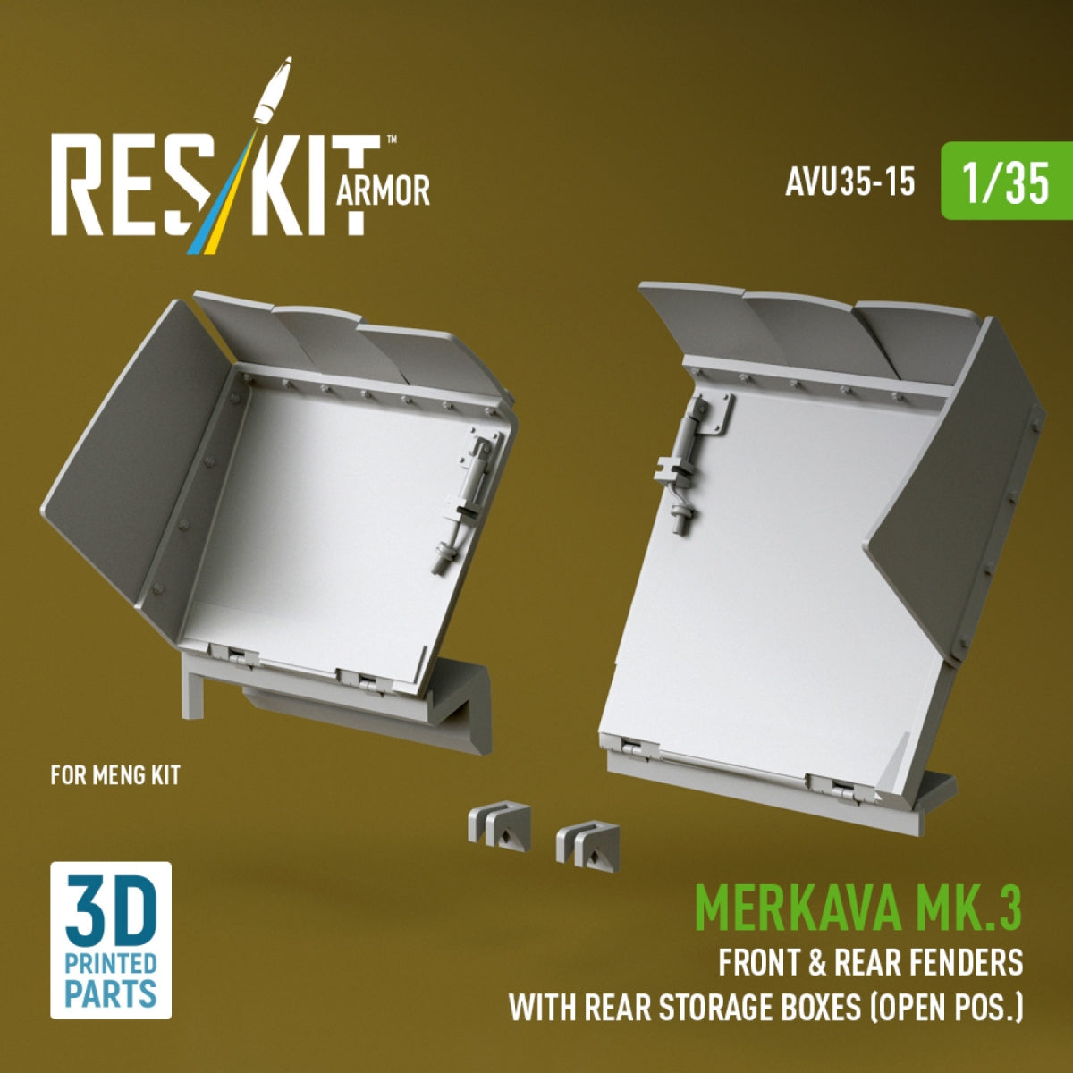 RESKIT AVU35-0015 Merkava Mk.3 front &amp; rear fenders with rear storage boxes (open pos.) for Meng kit (3D Printed) 1/35