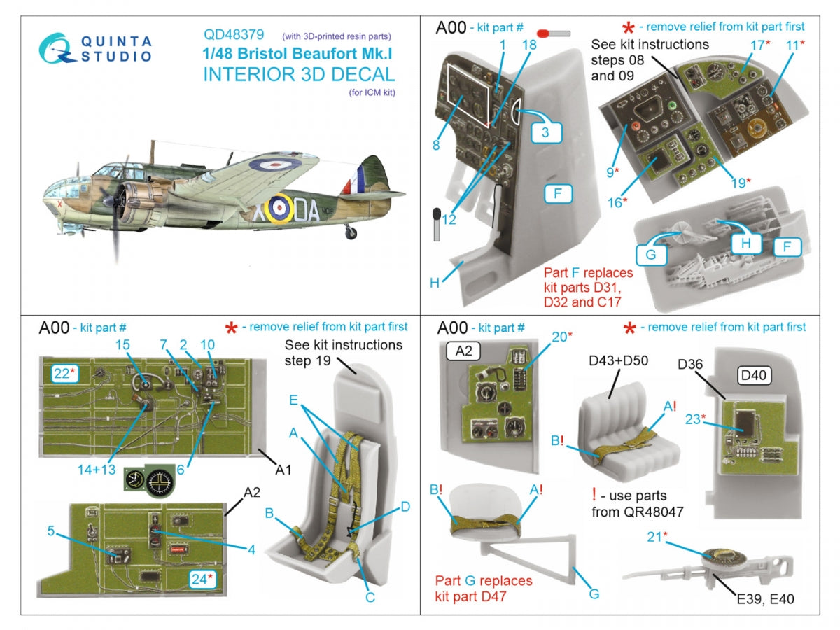 Quinta Studio QD+48379 Bristol Beaufort Mk.I 3D-Printed &amp;amp; coloured Interior on decal paper (ICM) (with 3D-printed resin parts) 1/48 – imagen 2
