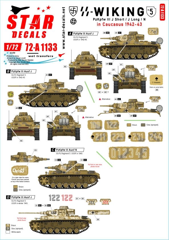 Star Decals 72-A1133 Wiking #5. 5. SS-Wiking in Caucasus 1942-43. Pz III Ausf J short gun, Pz III Ausf J long gun and Pz III Ausf N. 1/72